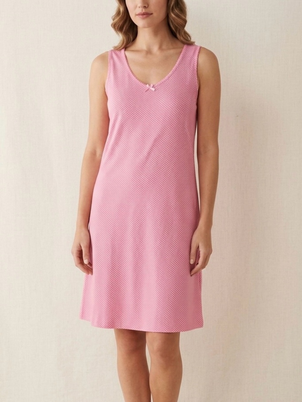 Carisma Pink White Polka Dot Sleeveless V-Neck Nightgown Sleepwear Size M